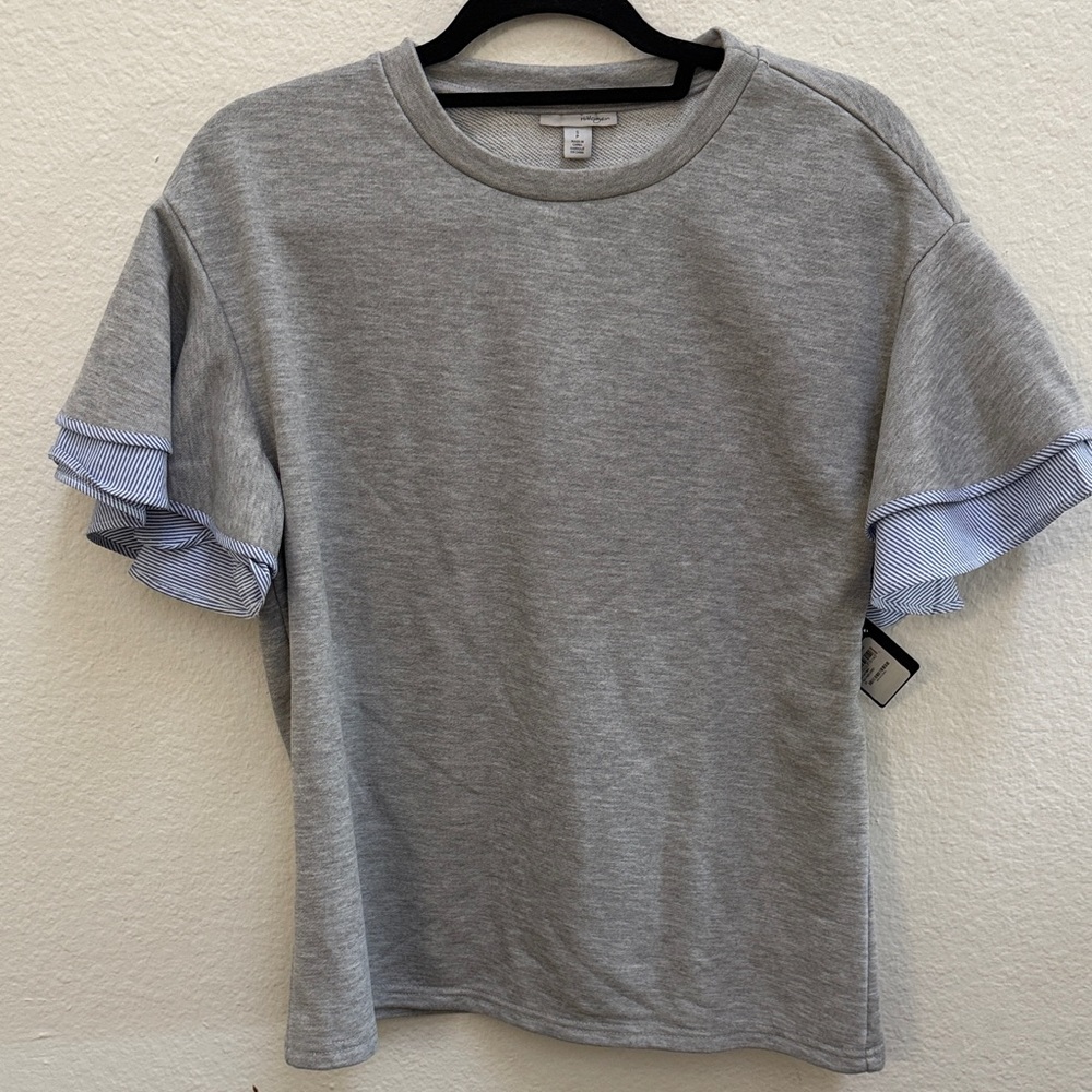 Gray Ruffle Sleeve Contrast Stripe  T-Shirt